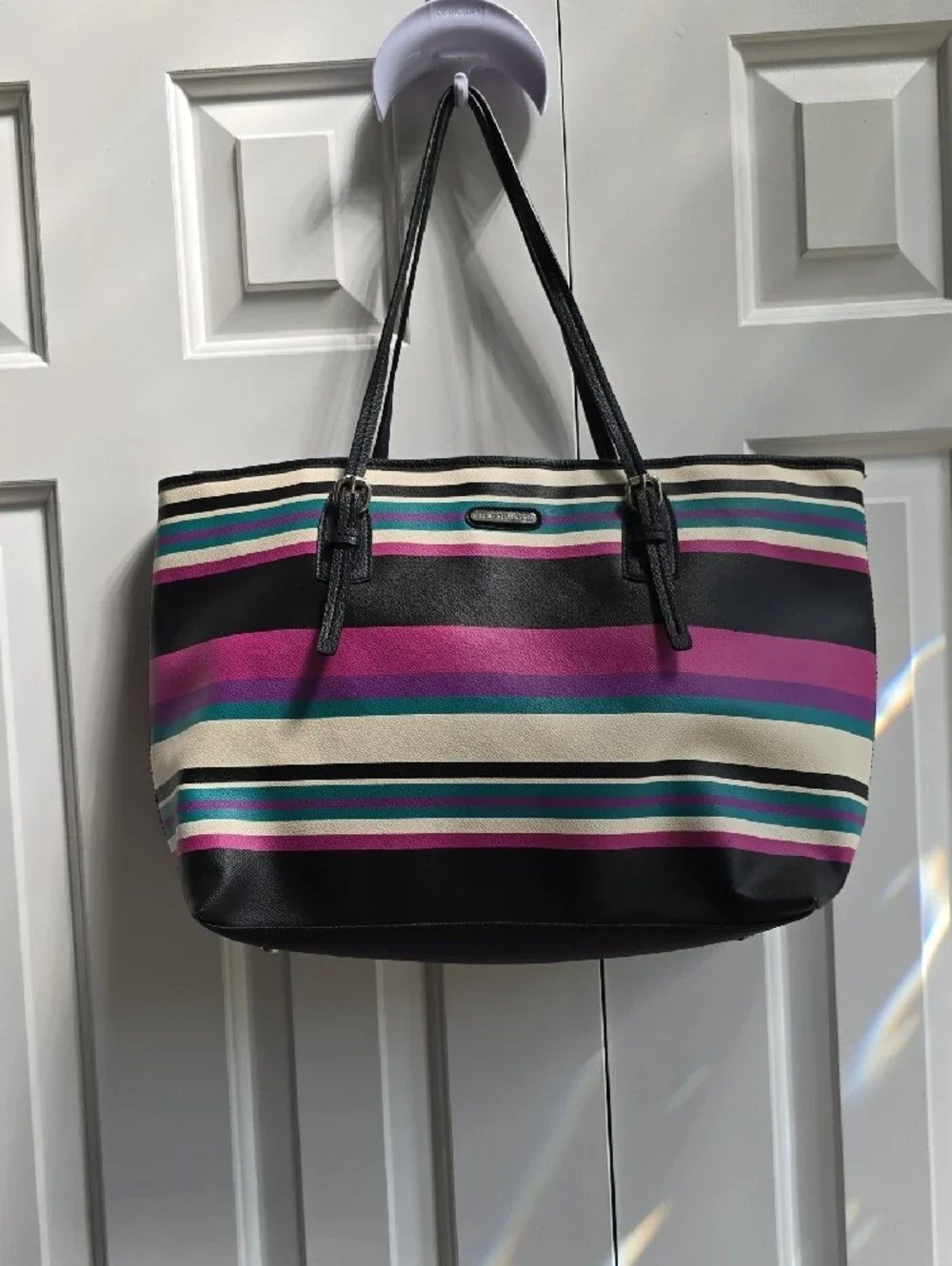 Dana Buchman Black Tote with Pink, Teal & Cream Stripes